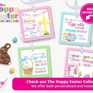 May include: Four colorful Easter gift tags with different designs. The tags feature a bunny, a cross, a basket of eggs, and a unicorn. The text on the tags includes "No Bunny loves you like Jesus!", "Thanks for making me Egg-stra SMART!", "You're an Egg-stra SPECIAL FRIEND!", and "Happy Easter to Some-Bunny SPECIAL!"