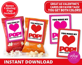 You Make My Heart Pop Valentine Favor Tags INSTANT DOWNLOAD | Popcorn Favor Tags | Kids Valentine Cards | Balloon Valentine