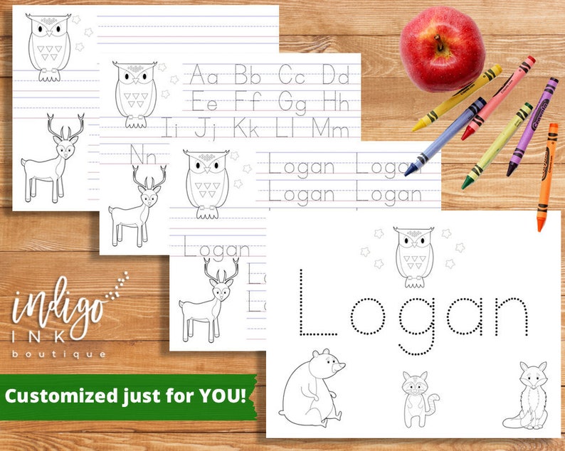 May include: Printable worksheet for kids to practice writing the name Logan. The worksheet features a dotted outline of the name, a deer, an owl, and a bear. The worksheet also includes a section for practicing the alphabet.