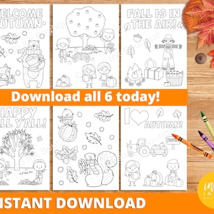 May include: Six black and white printable coloring pages featuring autumn themes. The pages include images of a bear, a fox, a scarecrow, a squirrel, a pumpkin, and a tractor. The text on the pages includes "Welcome Autumn", "Fall is in the Air", "Happy Fall Y'all", and "I love Autumn".