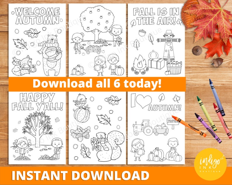 May include: Six black and white printable coloring pages featuring autumn themes. The pages include images of a bear, a fox, a scarecrow, a squirrel, a pumpkin, and a tractor. The text on the pages includes "Welcome Autumn", "Fall is in the Air", "Happy Fall Y'all", and "I love Autumn".