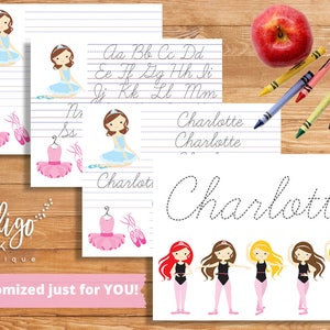 May include: Printable worksheet featuring a ballerina theme with tracing lines for the alphabet and the name Charlotte. The worksheet includes a ballerina with a pink tutu and a ballerina with a blue tutu. The worksheet also includes a line for tracing the name Charlotte.