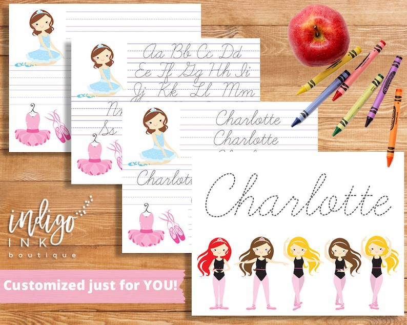 May include: Printable worksheet featuring a ballerina theme with tracing lines for the alphabet and the name Charlotte. The worksheet includes a ballerina with a pink tutu and a ballerina with a blue tutu. The worksheet also includes a line for tracing the name Charlotte.