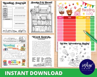 May include: A printable set of black and white coloring pages for kids featuring a reading journal, book log, word search, and a page with the text "Let the Adventures Begin!" The pages are decorated with illustrations of books, a cat, a hot air balloon, and a sailboat.