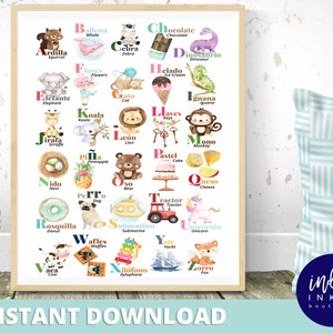 Spanish English Alphabet Poster INSTANT DOWNLOAD | Spanish Alphabet Animals Educational Poster | Nursery Alphabet Print | Spanish ABC Poster