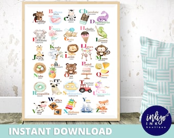 Spanish English Alphabet Poster INSTANT DOWNLOAD | Spanish Alphabet Animals Educational Poster | Nursery Alphabet Print | Spanish ABC Poster