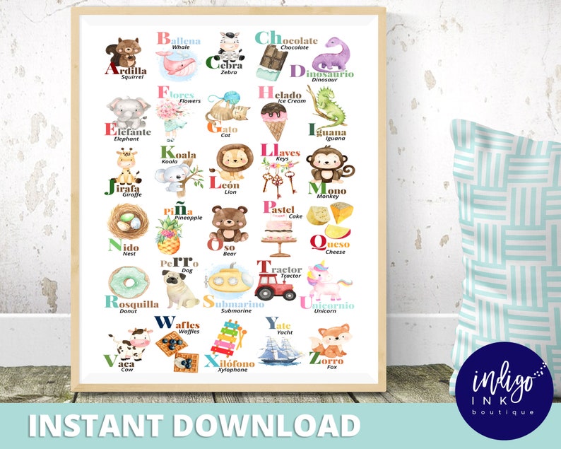 May include: A colorful alphabet chart with illustrations of animals, objects, and food. Each letter is paired with a Spanish word and an English translation. The chart is perfect for teaching children about the alphabet and Spanish vocabulary.