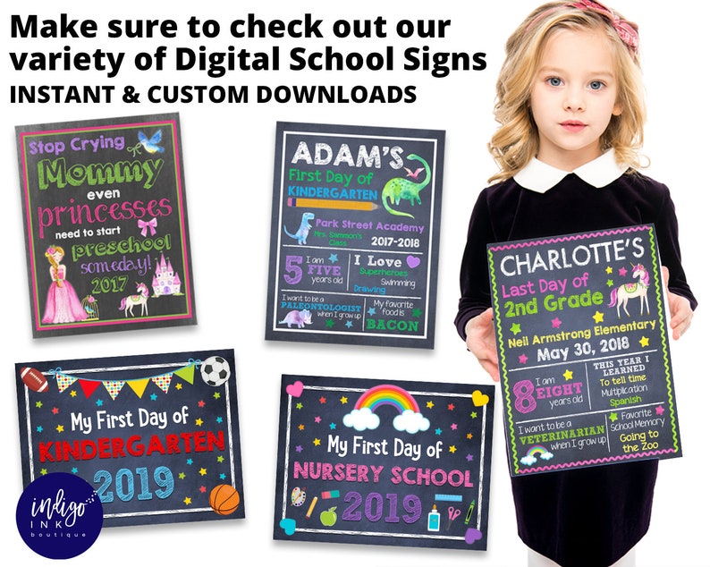 May include: A set of printable school signs with chalkboard backgrounds. The signs feature colorful illustrations and text, including "Stop Crying Mommy", "Adam's First Day of Kindergarten", "My First Day of Kindergarten", "My First Day of Nursery School", and "Charlotte's Last Day of 2nd Grade".