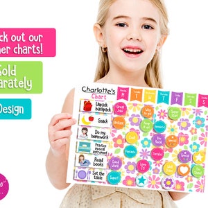 May include: A white printable chore chart with a floral design and colorful circles. The chart is labeled "Charlotte's Chart" and includes tasks like "Unpack backpack", "Do my homework", and "Read books".