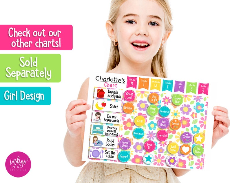 May include: A white printable chore chart with a floral design and colorful circles. The chart is labeled "Charlotte's Chart" and includes tasks like "Unpack backpack", "Do my homework", and "Read books".