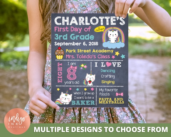 Caticorn First Day of School Sign | 1st Day of School Printable Custom Chalkboard Sign | Cat Unicorn Sign Personalized Sign DIGITAL DOWNLOAD Il_570xn