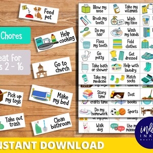 May include: A set of 75 colorful chore cards for children, featuring illustrations and text. The cards are designed to help children learn and complete chores around the house. The cards are labeled with phrases such as "Feed Pet", "Help Cooking", "Go to Church", "Make My Bed", "Clean Bathroom", "Blow My Nose", "Brush My Teeth", "Do My Hair", "Floss My Teeth", "Take My Vitamins", "Wash My Face", "Wash My Hands", "Put My Pajamas On", "Put Clothes In Hamper", "Put Laundry Away", "Shoes And Jacket", "Fold Clothes", "Go Potty", "Get Dressed", "Put My Shoes On", "Take Bath Or Shower", "Help With Laundry", "Match Socks", "Put My Socks On", "Clean My Bedroom", "Story Time", "Crafts Time", "Do My Homework", "Walk Dog", "Dust Books", "Rake Leaves", "Clear The Table", "Sports", "Use My Manners".