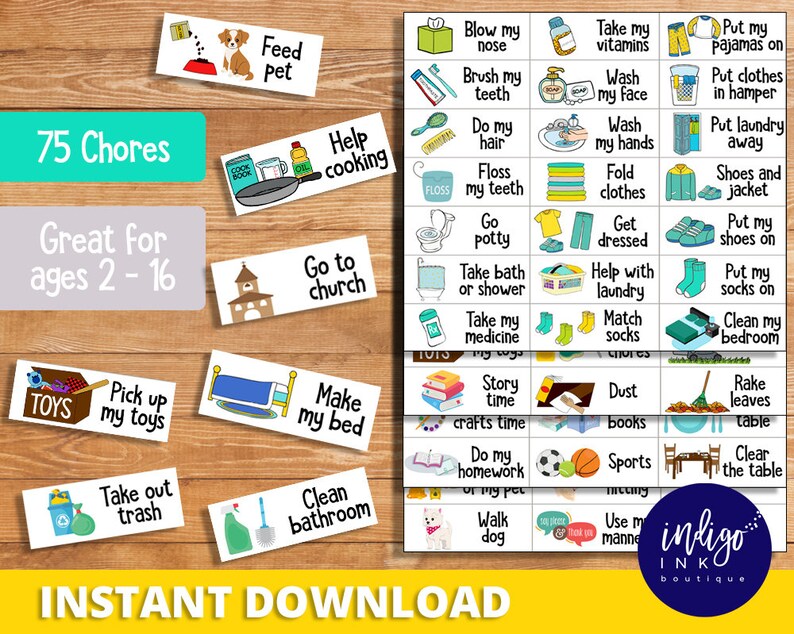 May include: A set of 75 colorful chore cards for children, featuring illustrations and text. The cards are designed to help children learn and complete chores around the house. The cards are labeled with phrases such as "Feed Pet", "Help Cooking", "Go to Church", "Make My Bed", "Clean Bathroom", "Blow My Nose", "Brush My Teeth", "Do My Hair", "Floss My Teeth", "Take My Vitamins", "Wash My Face", "Wash My Hands", "Put My Pajamas On", "Put Clothes In Hamper", "Put Laundry Away", "Shoes And Jacket", "Fold Clothes", "Go Potty", "Get Dressed", "Put My Shoes On", "Take Bath Or Shower", "Help With Laundry", "Match Socks", "Put My Socks On", "Clean My Bedroom", "Story Time", "Crafts Time", "Do My Homework", "Walk Dog", "Dust Books", "Rake Leaves", "Clear The Table", "Sports", "Use My Manners".