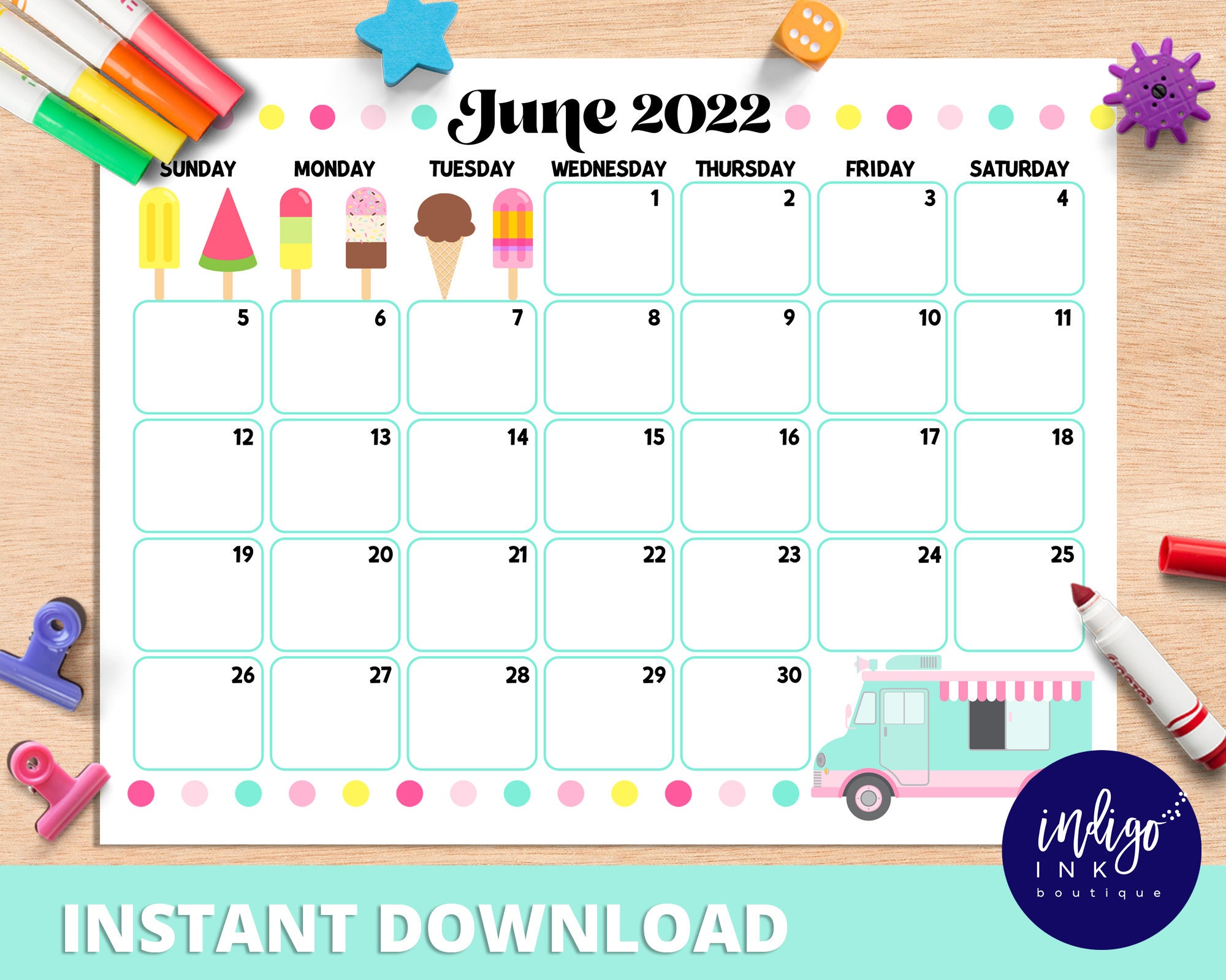 June Calendar 2022 INSTANT DOWNLOAD Monthly Planner Digital Etsy
