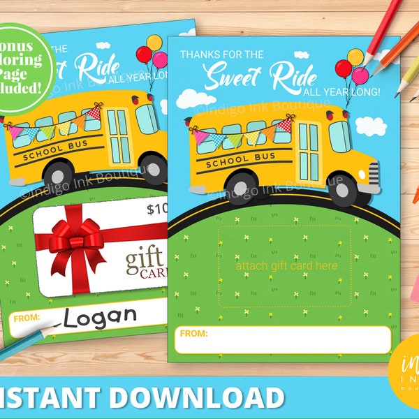 School Bus Driver Gift Card Holder INSTANT DOWNLOAD | Thanks for the Sweet Ride All Year Long | End of Year Gift | Last Day of School