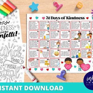 31 Days of Kindness Calendar INSTANT DOWNLOAD | Random Acts of Kindness Printable Calendar | Gratitude Calendar for Kids