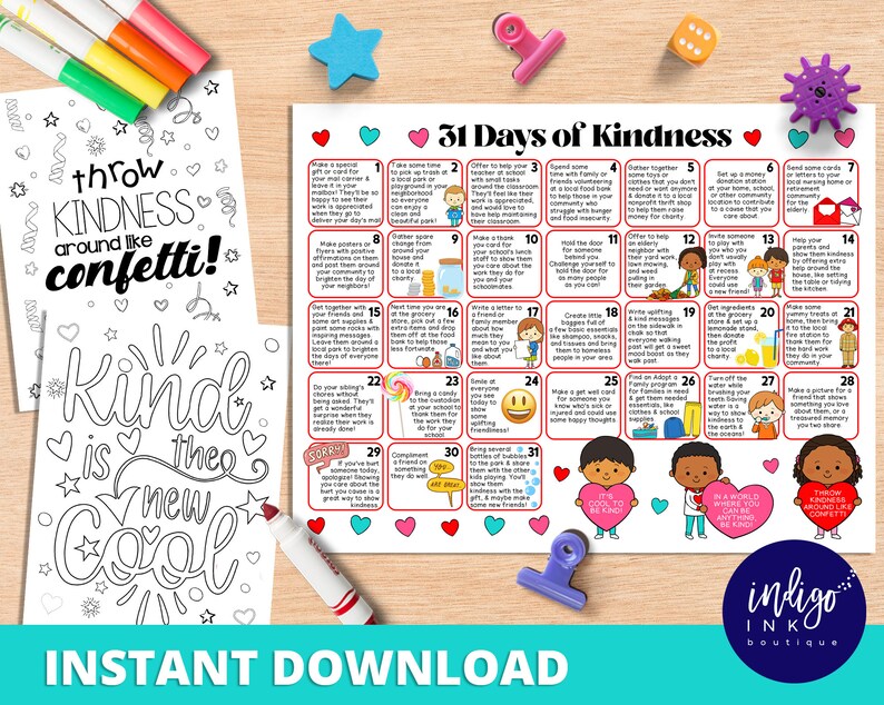 May include: A printable 31 Days of Kindness calendar with colorful hearts and illustrations. The calendar features daily activities to promote kindness, such as "Give a friend a letter", "Make a get well card", and "Compliment a friend".