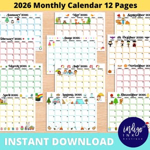2026 Monthly Calendar Printable INSTANT DOWNLOAD | 2026 Calendar Kids Printable | Kids Monthly Calendar | Organization for Kid PDF Calendar