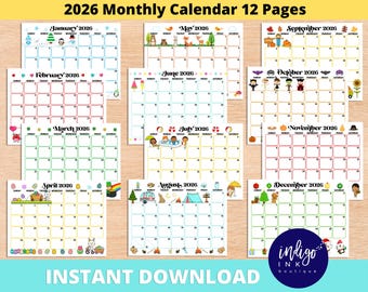 2026 Monthly Calendar Printable INSTANT DOWNLOAD | 2026 Calendar Kids Printable | Kids Monthly Calendar | Organization for Kid PDF Calendar