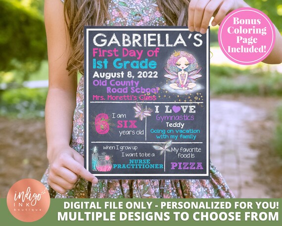 First Day of School Sign DIGITAL DOWNLOAD | 1st Day of School Printable Custom Chalkboard Sign | Fairy Sign Personalized Sign Il_570xn