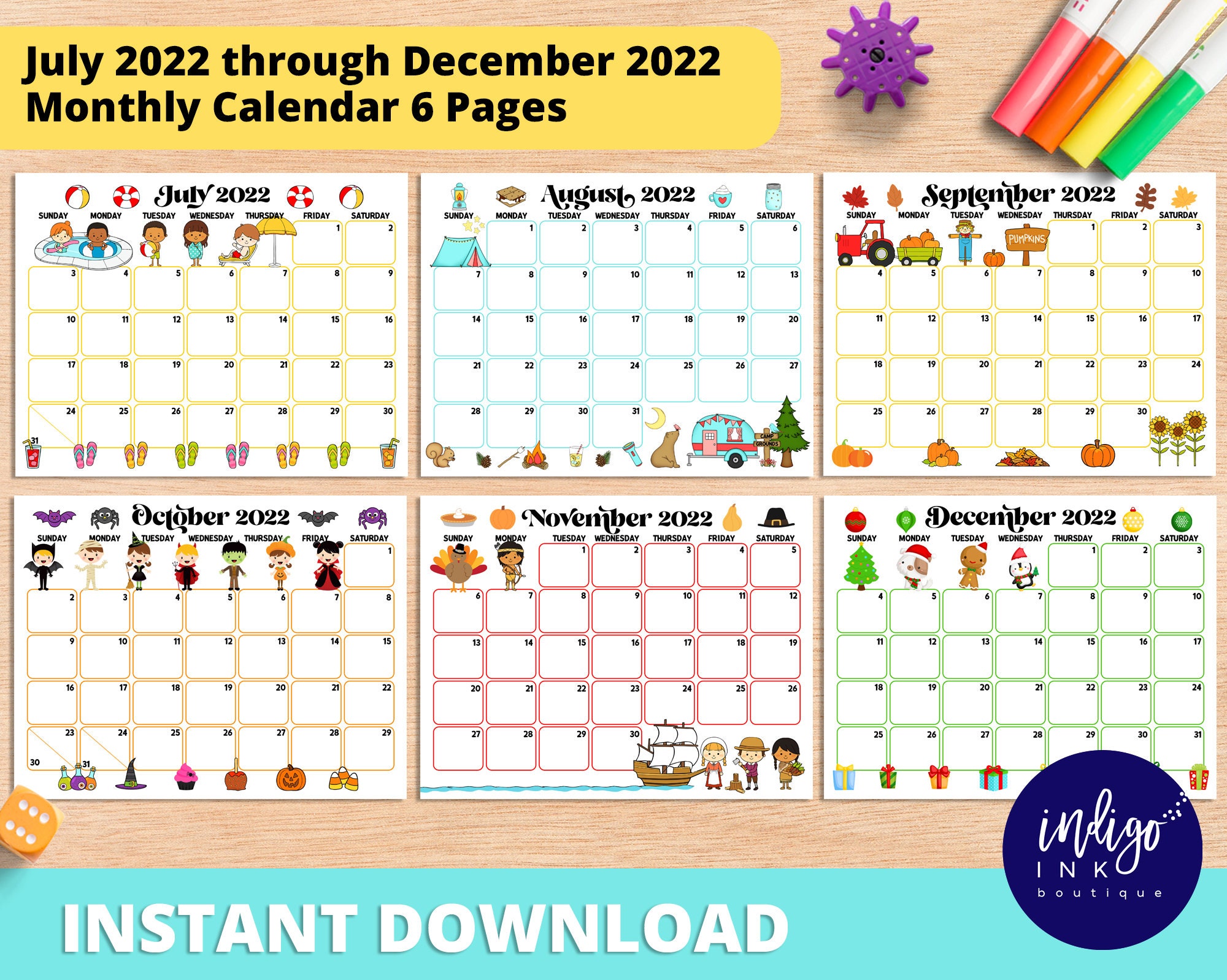 2022 monthly calendar printable instant download july 2022 etsy