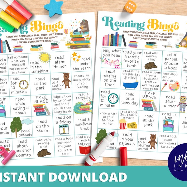 Reading Bingo INSTANT DOWNLOAD | Book Bingo Cards | Reading Challenge Printables for Kids | Bingo Reading Game Kids Activity Pages