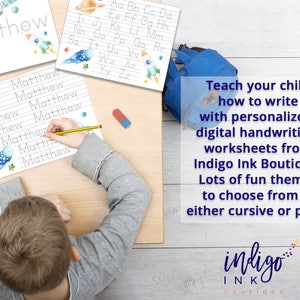 May include: A child is working on a handwriting worksheet with the name "Matthew" written on it. The worksheet has a space theme with planets and rockets. The text "Teach your child how to write with personalized digital handwriting worksheets from Indigo Ink Boutique. Lots of fun themes to choose from in either cursive or print." is visible in the image.