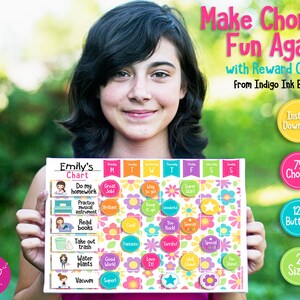 May include: A girl holds up a colorful chore chart with the title "Emily's Chart". The chart has a grid of squares with different chores listed, such as "Do my homework", "Practice musical instrument", and "Take out trash". The chart is decorated with flowers and stars. The text "Make Chores Fun Again! with Reward Charts from Indigo Ink Boutique" is at the top of the image. There are also three circles with the text "75 Chores", "120 Buttons", and "2 Sizes".