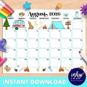 May include: A printable August 2026 calendar with camping-themed illustrations. The calendar features a light blue tent, a bear, a campfire, and a trailer. The words "Instant Download" and "Indigo Ink Boutique" are also visible.