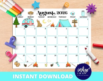 Calendario di agosto DOWNLOAD IMMEDIATO / Agenda mensile digitale / Calendario mensile stampabile per bambini / Organizzazione per bambini in PDF
