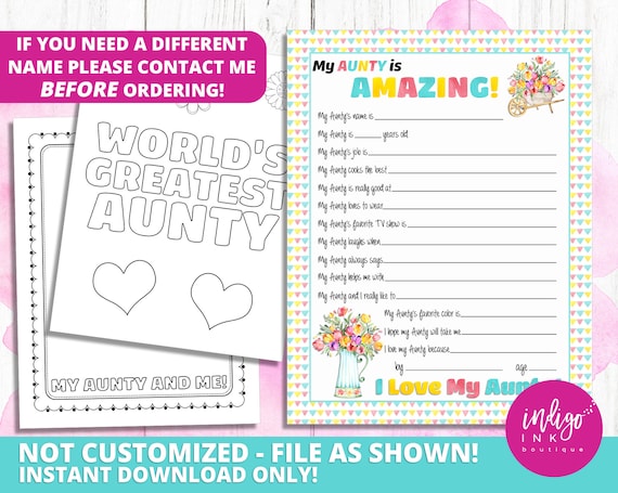 All About My Aunty Kid Questionnaire Mothers Day Gift INSTANT DOWNLOAD | Happy Mother's Day Gift for Aunty Printable | Aunty Birthday Il_570xn
