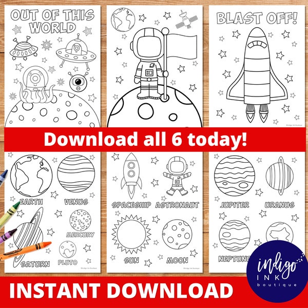 Out of this World Space Coloring Sheets for Kids INSTANT DOWNLOAD | Space Activity Coloring Pages | Birthday Party Favor