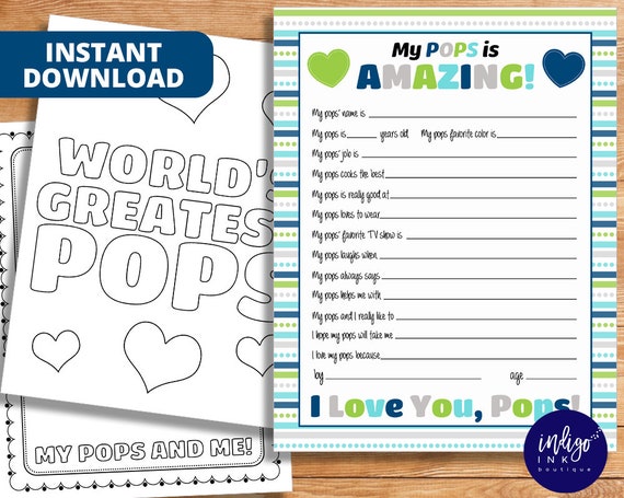 All About My Pops Kid Questionnaire Fathers Day Gift | Happy Father's Day Gift for Pops | Pops Printable | Pops Birthday INSTANT DOWNLOAD Il_570xn