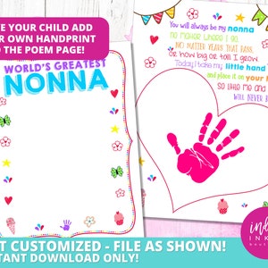 May include: Printable card with a poem about a nonna, featuring a heart-shaped space for a child's handprint. The poem reads "You will always be my nonna no matter where I go. No matter years that pass, or how big or tall I grow. Today I take my little hand and place it on your heart so little me and you will never be apart."
