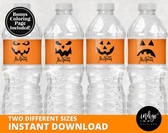 Halloween Wasserflaschenetiketten SOFORT DOWNLOAD | Halloween Party Wasserflaschenverpackung | Kürbis Etiketten Flaschenaufkleber