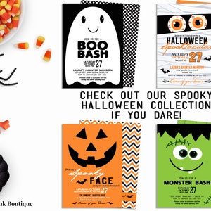 May include: Four Halloween party invitations with different themes. The invitations feature a ghost, a mummy, a jack-o-lantern, and Frankenstein. Each invitation has a black and white polka dot background and includes the text "Join us for a..." and the date "October 27".