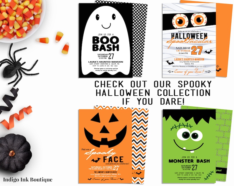 May include: Four Halloween party invitations with different themes. The invitations feature a ghost, a mummy, a jack-o-lantern, and Frankenstein. Each invitation has a black and white polka dot background and includes the text "Join us for a..." and the date "October 27".