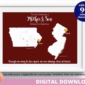Mom Gifts from Son DIGITAL Print | Mother's Day Gift Printable Art | Mother and Son Two States Map | Mom from Son
