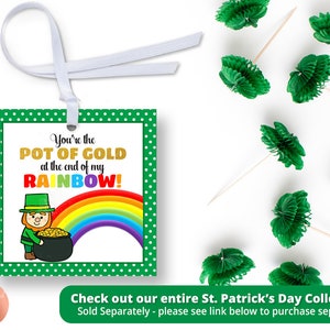 K&ouml;nnte beinhalten: Ein gr&uuml;nes und wei&szlig;es Geschenk-Etikett mit Punkten mit einem Cartoon-Kobold, der einen Topf Gold am Ende eines Regenbogens h&auml;lt. Der Text auf dem Etikett lautet "You're the POT OF GOLD at the end of my RAINBOW!"