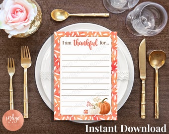 I am Thankful For Thanksgiving Cards INSTANT DOWNLOAD | Thanksgiving Table Décor | Thanksgiving Game | Thanksgiving Thanks Gratitude Cards