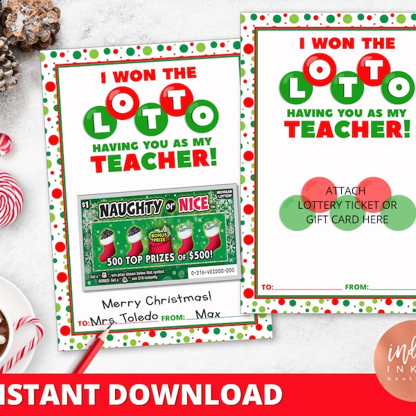 Christmas Lottery Ticket Holder INSTANT DOWNLOAD | I Won the Lotto Teacher Gift Tag | Christmas Gift Tag Teacher Gift Ideas