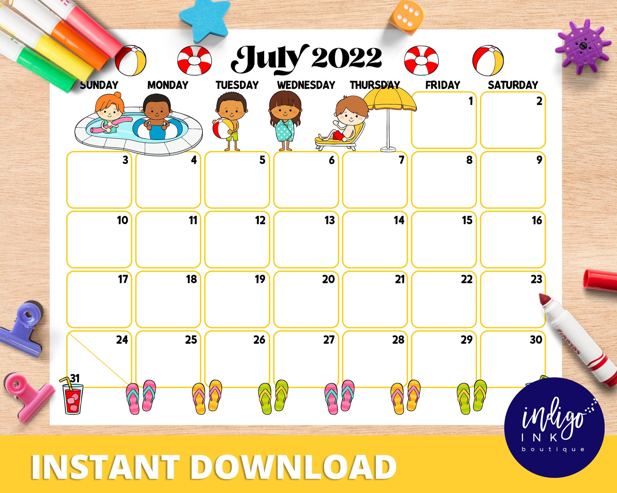 july calendar instant download monthly planner digital etsy