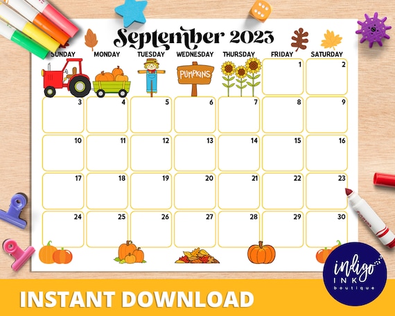 September Calendar INSTANT DOWNLOAD | Monthly Planner Digital Calendar ...