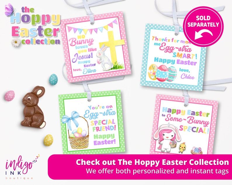 K&ouml;nnte beinhalten: Vier bunte Ostergeschenkanh&auml;nger mit verschiedenen Designs. Die Anh&auml;nger zeigen ein H&auml;schen, ein Kreuz, einen Korb mit Eiern und ein Einhorn. Der Text auf den Anh&auml;ngern lautet: "No Bunny loves you like Jesus!", "Thanks for making me Egg-stra SMART!", "You're an Egg-stra SPECIAL FRIEND!" und "Happy Easter to Some-Bunny SPECIAL!"