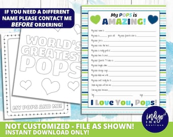 All About My Pops Kid Questionnaire Fathers Day Gift INSTANT DOWNLOAD | Happy Father's Day Gift for Pops | Pops Printable | Pops Birthday