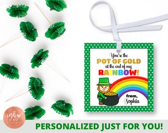 May include: A green and white gift tag with a leprechaun holding a pot of gold at the end of a rainbow. The tag says "You're the POT OF GOLD at the end of my RAINBOW!" and "from, Sophia".