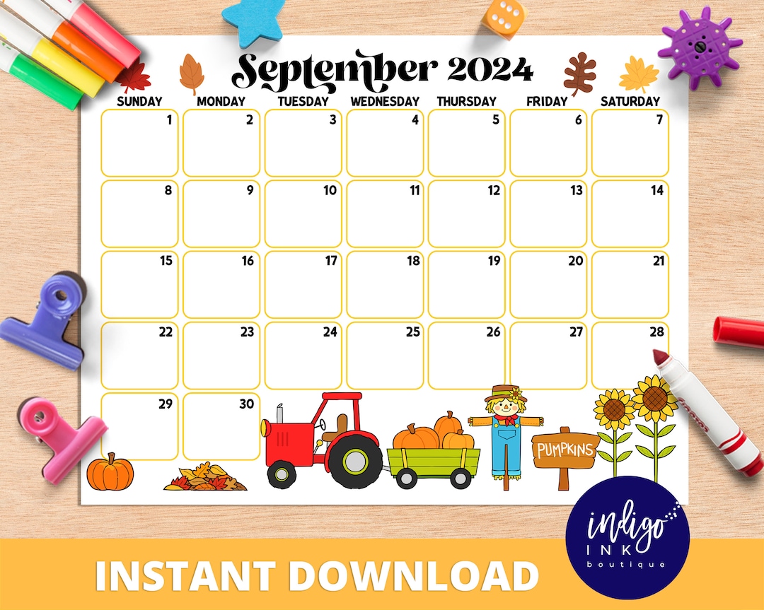 September Calendar INSTANT DOWNLOAD Monthly Planner Digital Calendar ...
