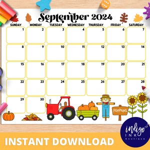 September Calendar INSTANT DOWNLOAD Monthly Planner Digital Calendar ...