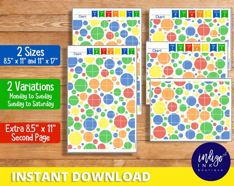 May include: Printable chart with a colorful polka dot pattern in red, blue, green, and yellow. The chart is divided into seven columns labeled with the days of the week. The chart is available in two sizes: 8.5 inches by 11 inches and 11 inches by 17 inches. The chart is also available in two variations: Monday to Sunday and Sunday to Saturday.