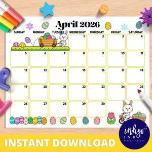 April 2026 Calendar INSTANT DOWNLOAD | Monthly Planner Digital Calendar | Kid Monthly Calendar Printable